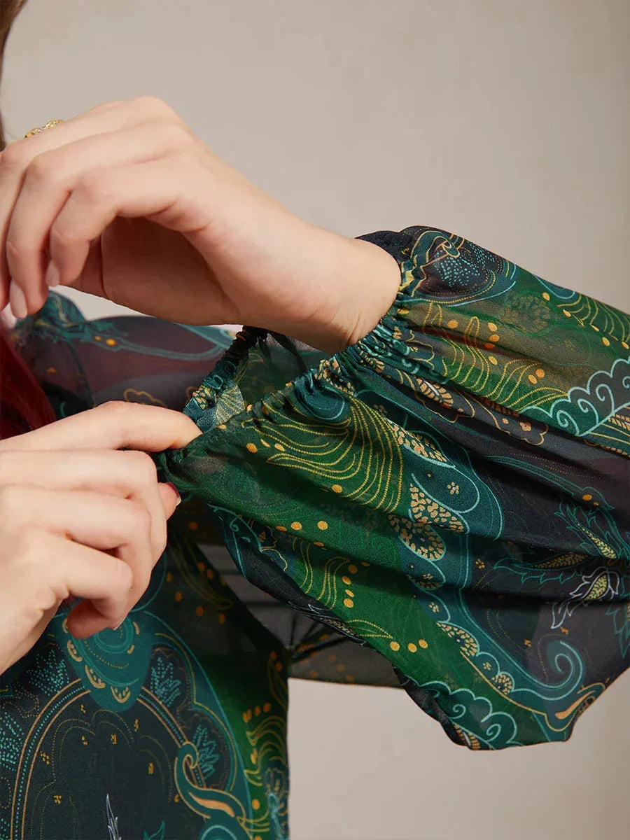 Paisley Chiffon Peasant Blouse with Long Lantern Sleeves