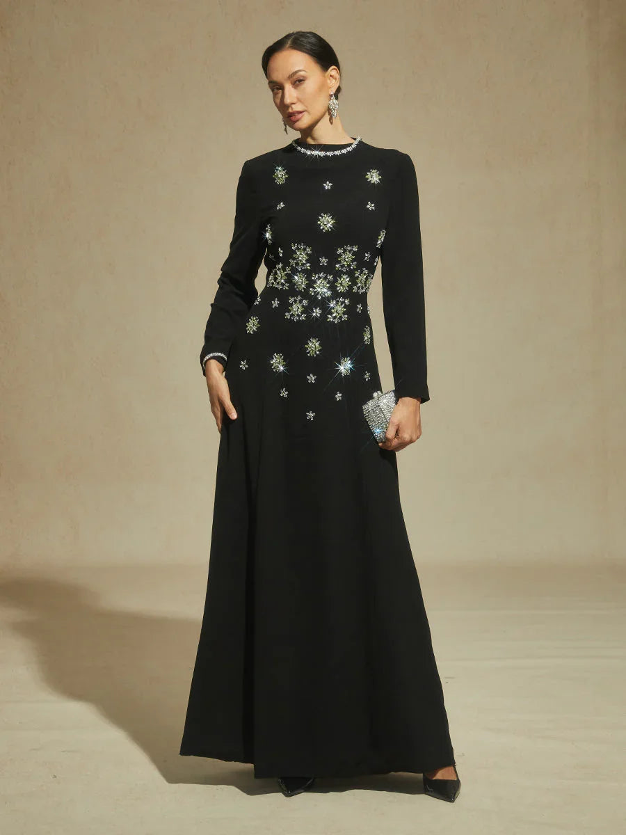 Black Maxi Evening Dress with Snowflake Crystal Embellishments
