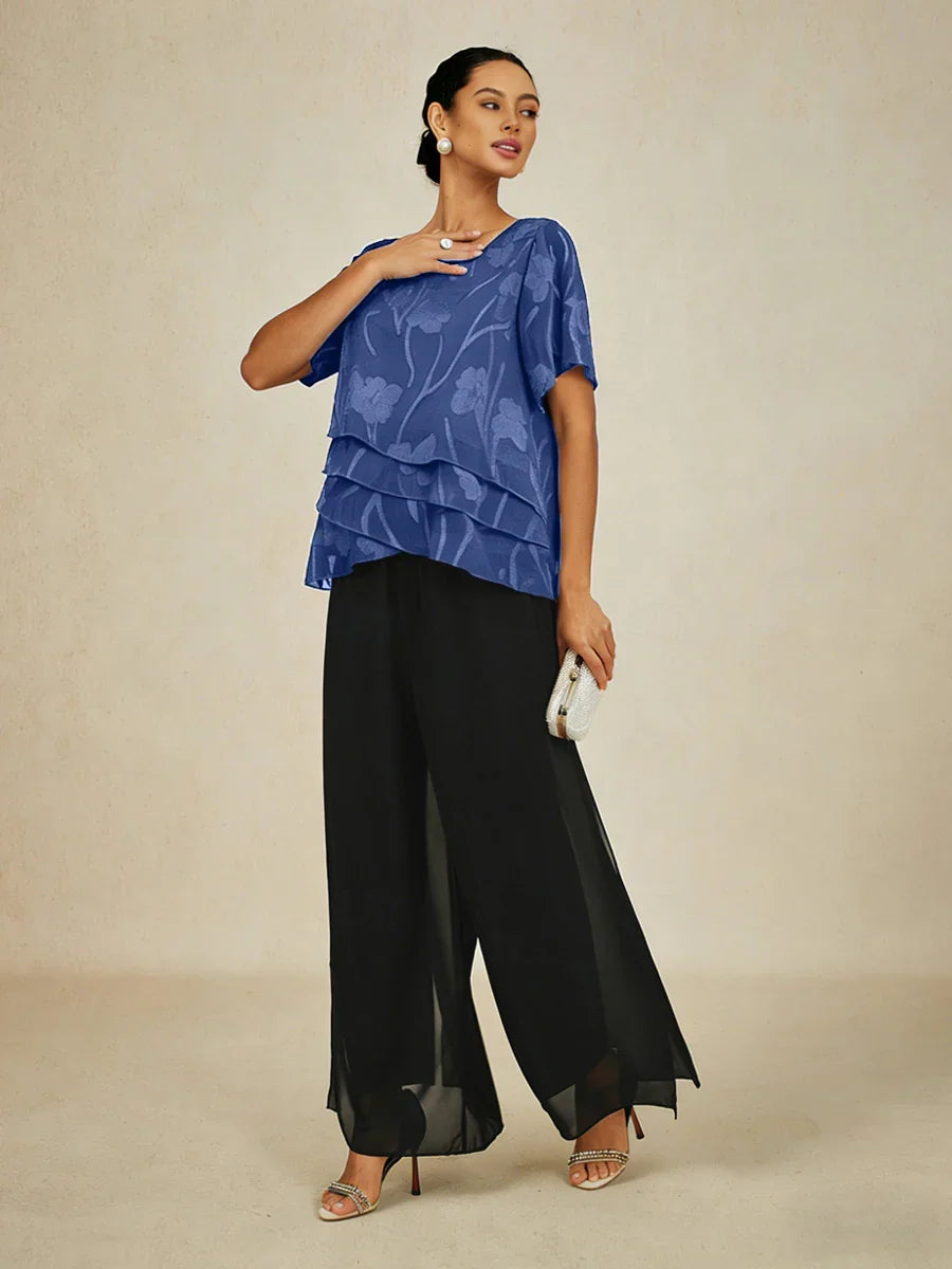 Chiffon Layered Blouse Straight Leg Pant Suits