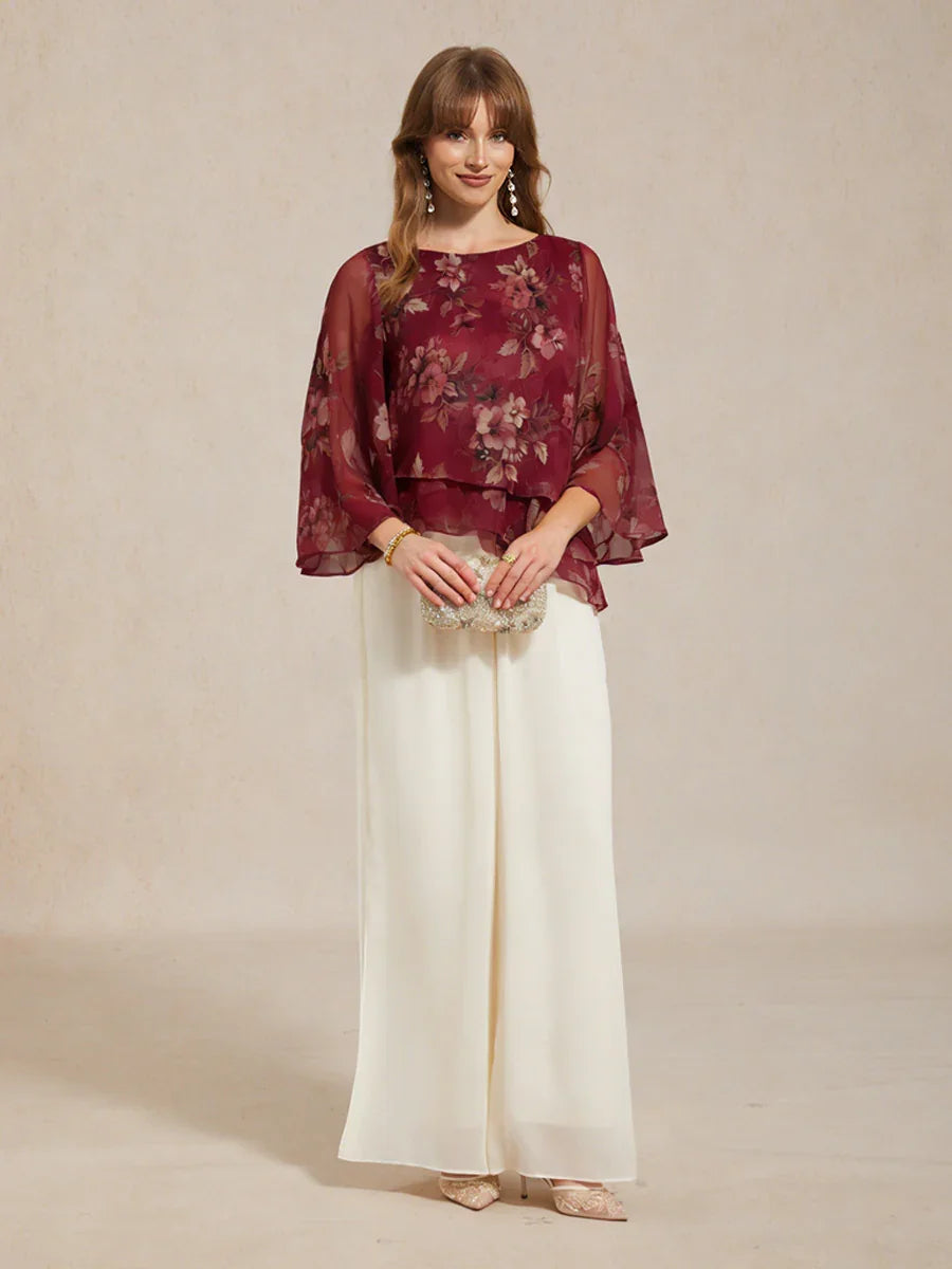 Chiffon Pants and Floral Layered Blouse Pant Suits