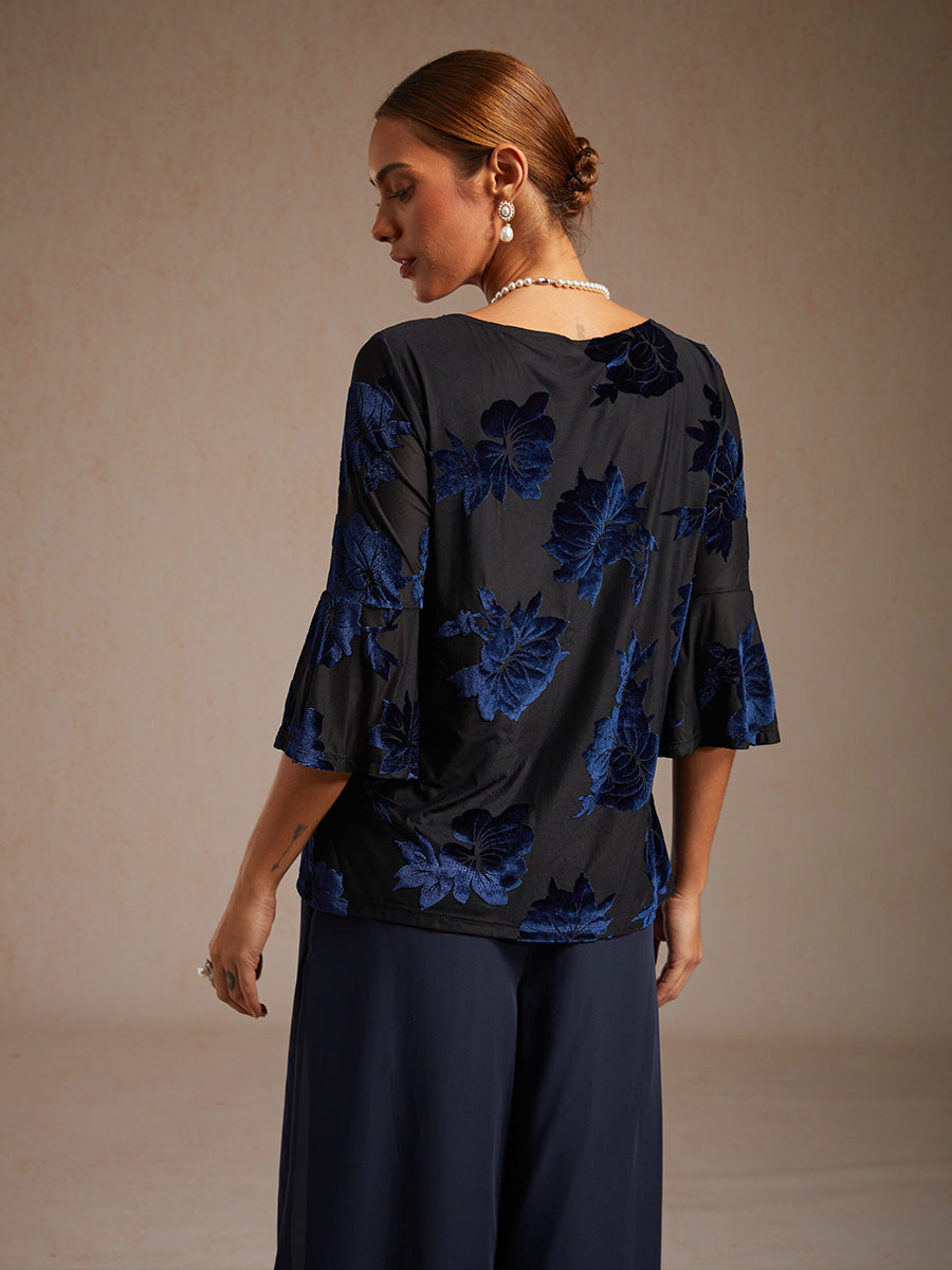Dressy Floral Velvet Asymmetric Hem Blouse