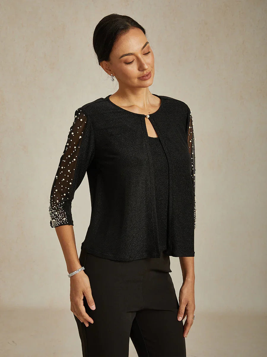 Beaded 3/4 Sleeve Metallic Knit Blouse