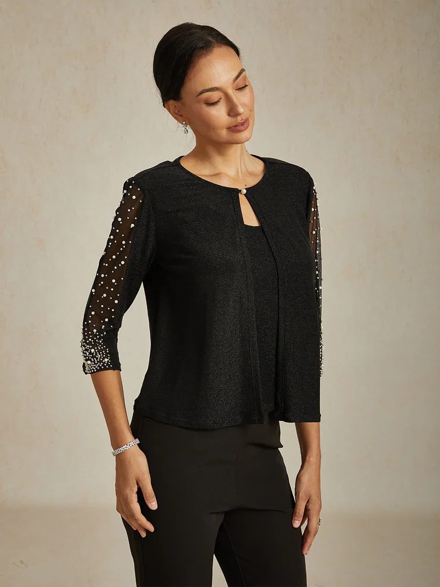 Beaded 3/4 Sleeve Metallic Knit Blouse