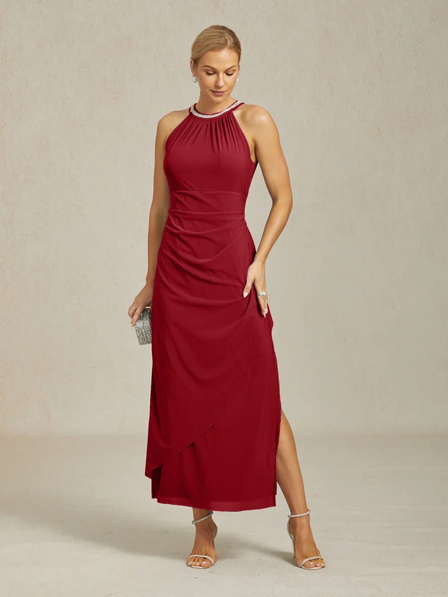 Elegant Beaded Halter Maxi Dress with Ruffle Detail