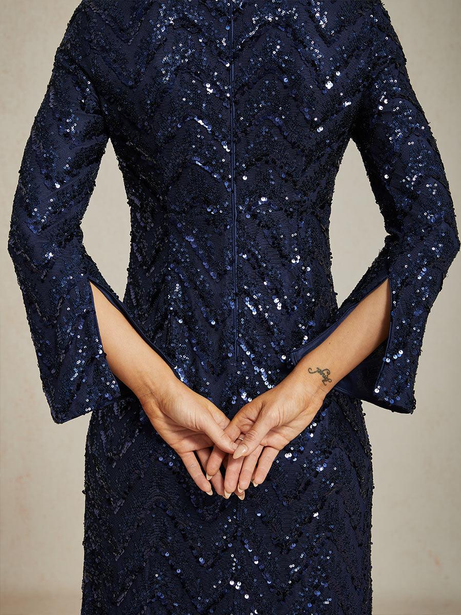 Elegant Sequin Evening Gown with Boat Neck and Slit Cuffs