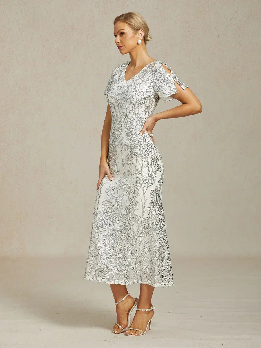 Elegantes Paillettenkleid mit V-Ausschnitt und kalten Schultern