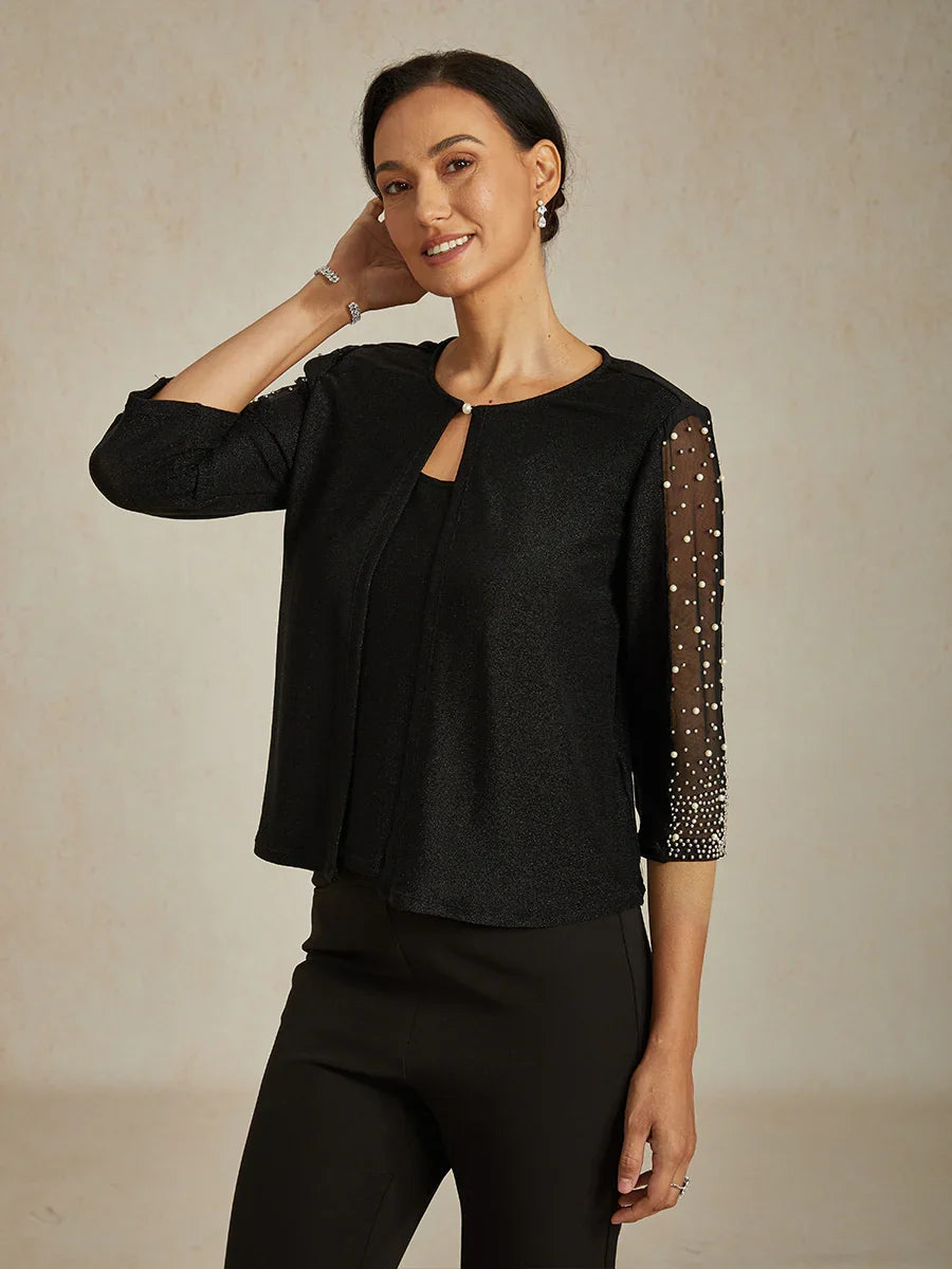 Beaded 3/4 Sleeve Metallic Knit Blouse And Pant Suits
