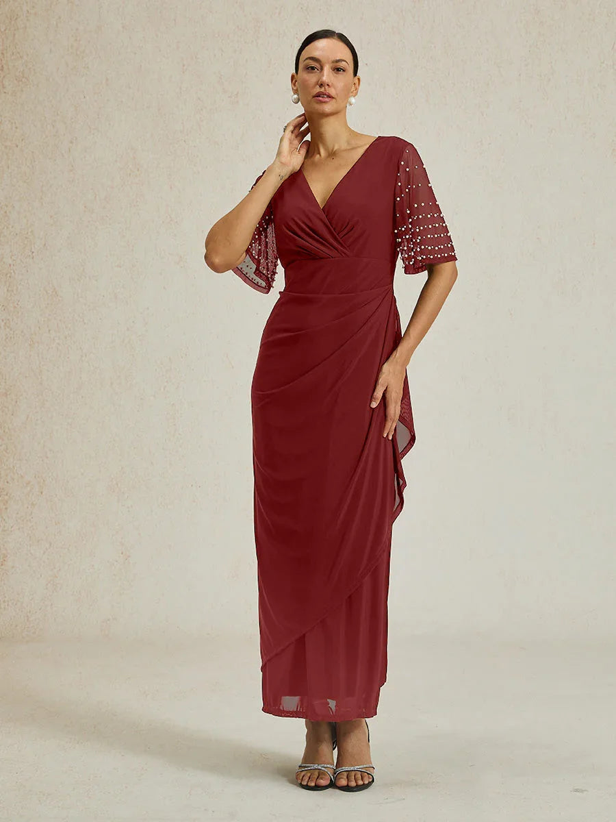 Red Evening Gowns Purple Black Long Dress V Neck Asymmetric Short Sleeve Formal Elegant Glamorous Modest Classic 60 Year Old Woman, Red / L