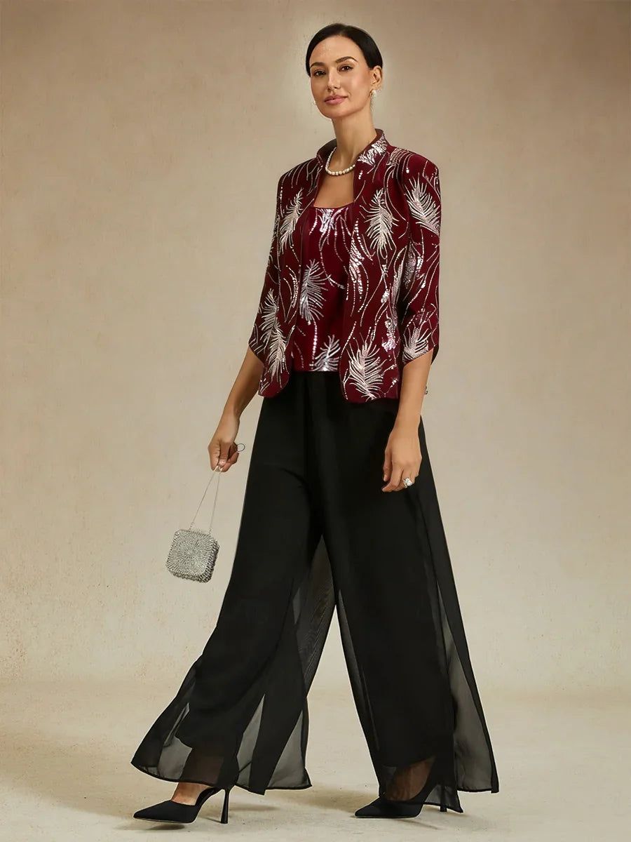 Elegant Mandarin Collar Jacket And Pants 3 Piece Sets
