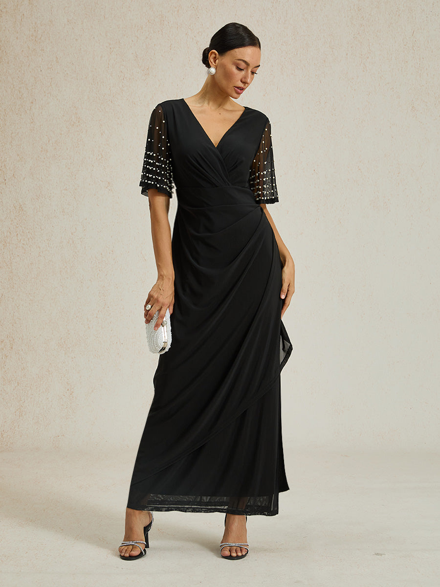 Long Formal Black Dress Wedding Guest Empire Waist Gown Ankle Length V Neck Short Sleeve Mother Of The Groom Evening Glamorous, Black / S