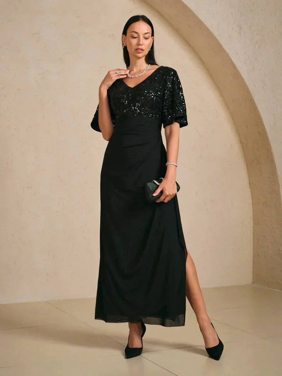 Embroidered Sequin Empire Waist Gown with Flutter Sleeves msglamor Embroidered Sequin Empire Waist Gown with Flutter Sleeves msglamor