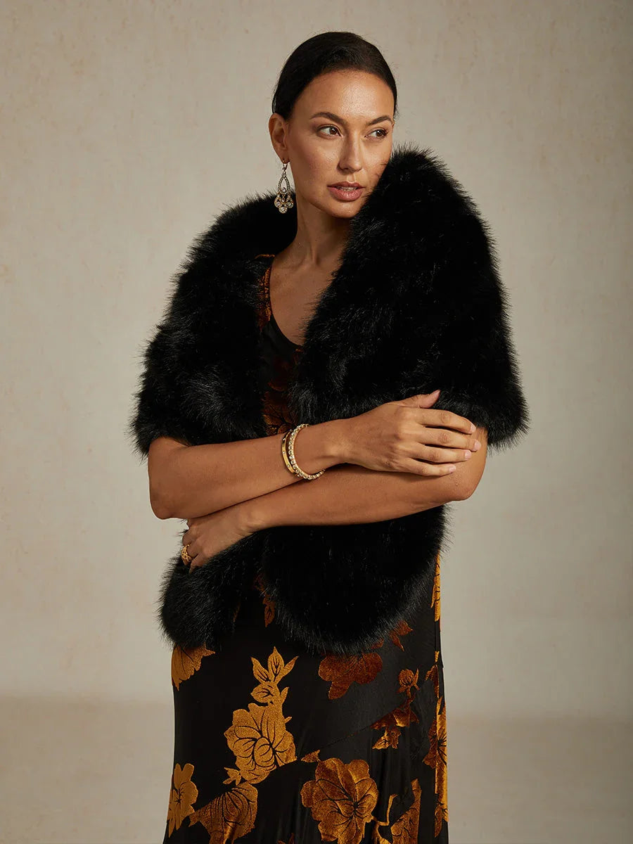 Faux Fur Capelet with Rhinestone Brooch