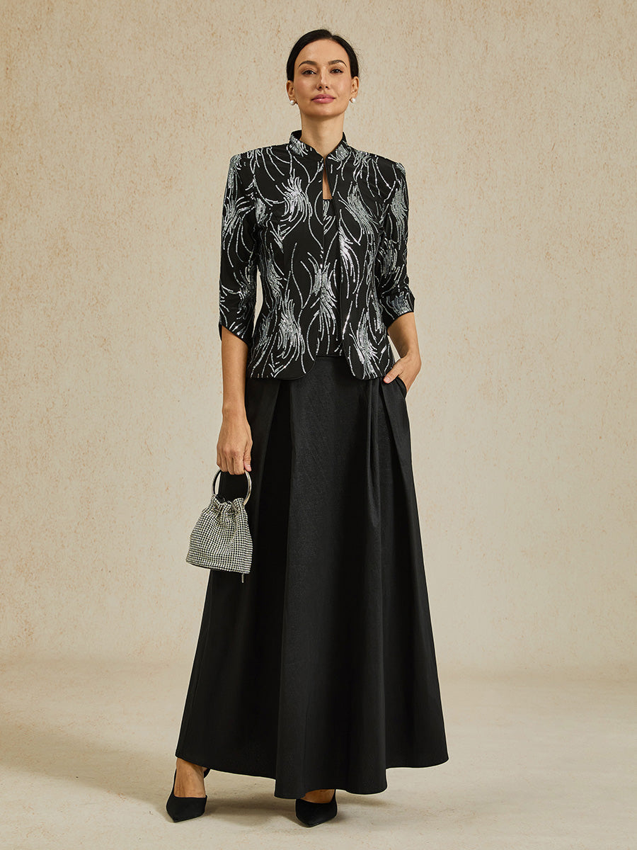 Elegant Mandarin Collar Sequin Twinset