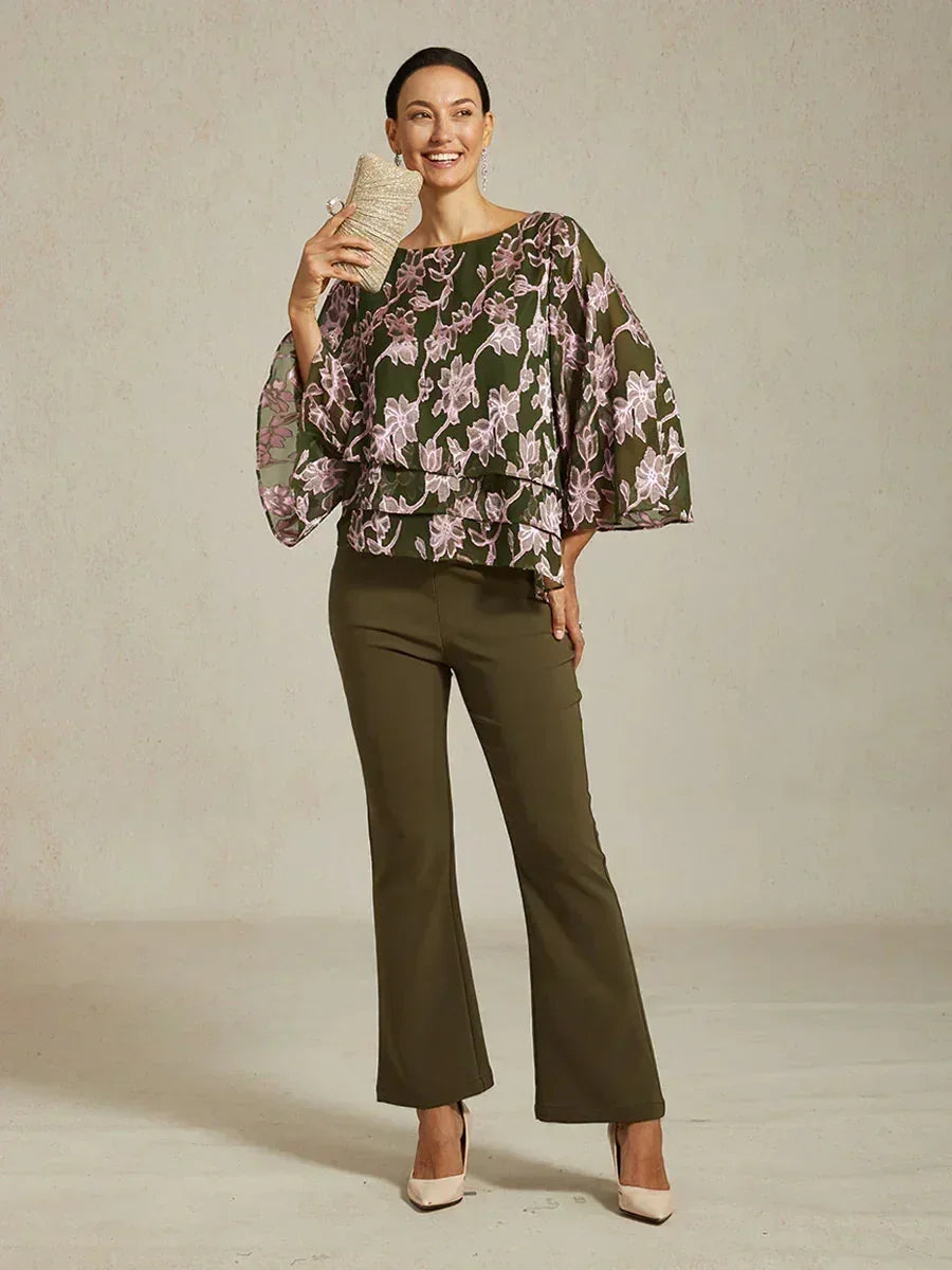 Floral Chiffon Boat Neck Blouse with A-Line Sleeves