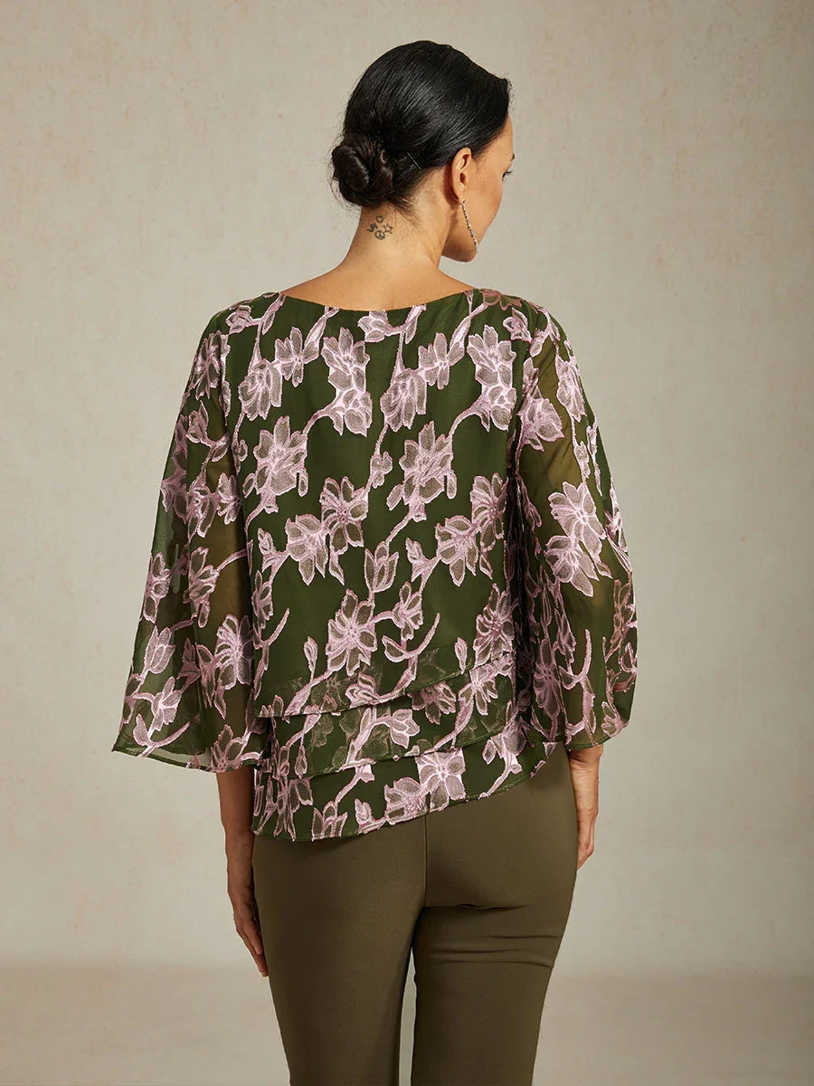 Floral Chiffon Boat Neck Blouse with A-Line Sleeves