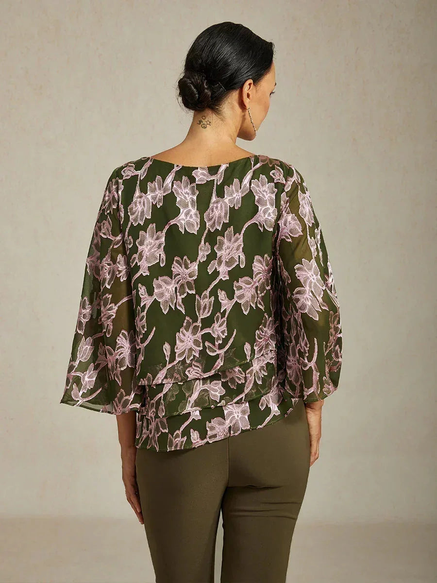 Floral Chiffon Boat Neck Blouse with A-Line Sleeves
