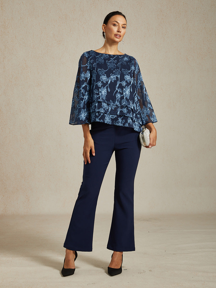 Blouse en Chiffon à Encolure Bateau Imprimé Floral, Manches Trapèze