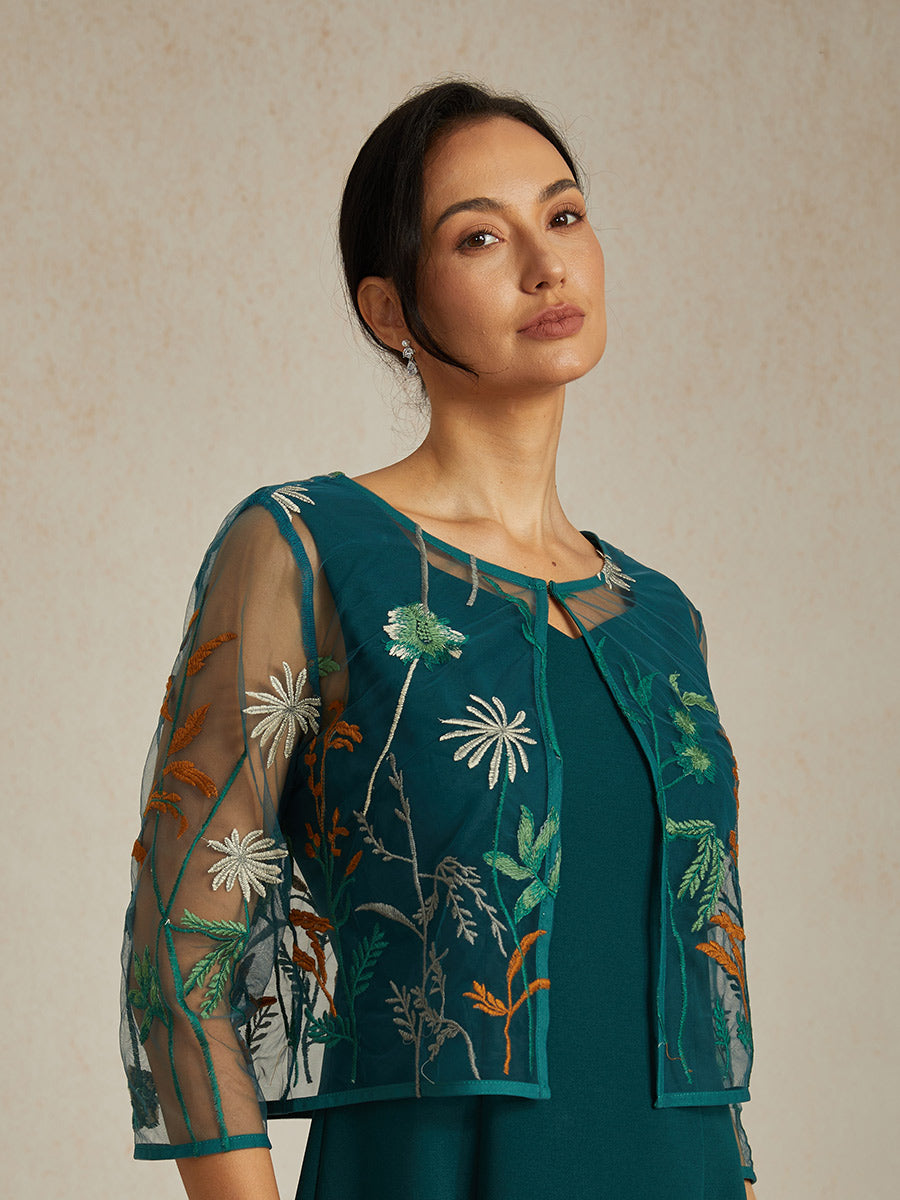 Floral Embroidered Lace Jacket with Rhinestone Button