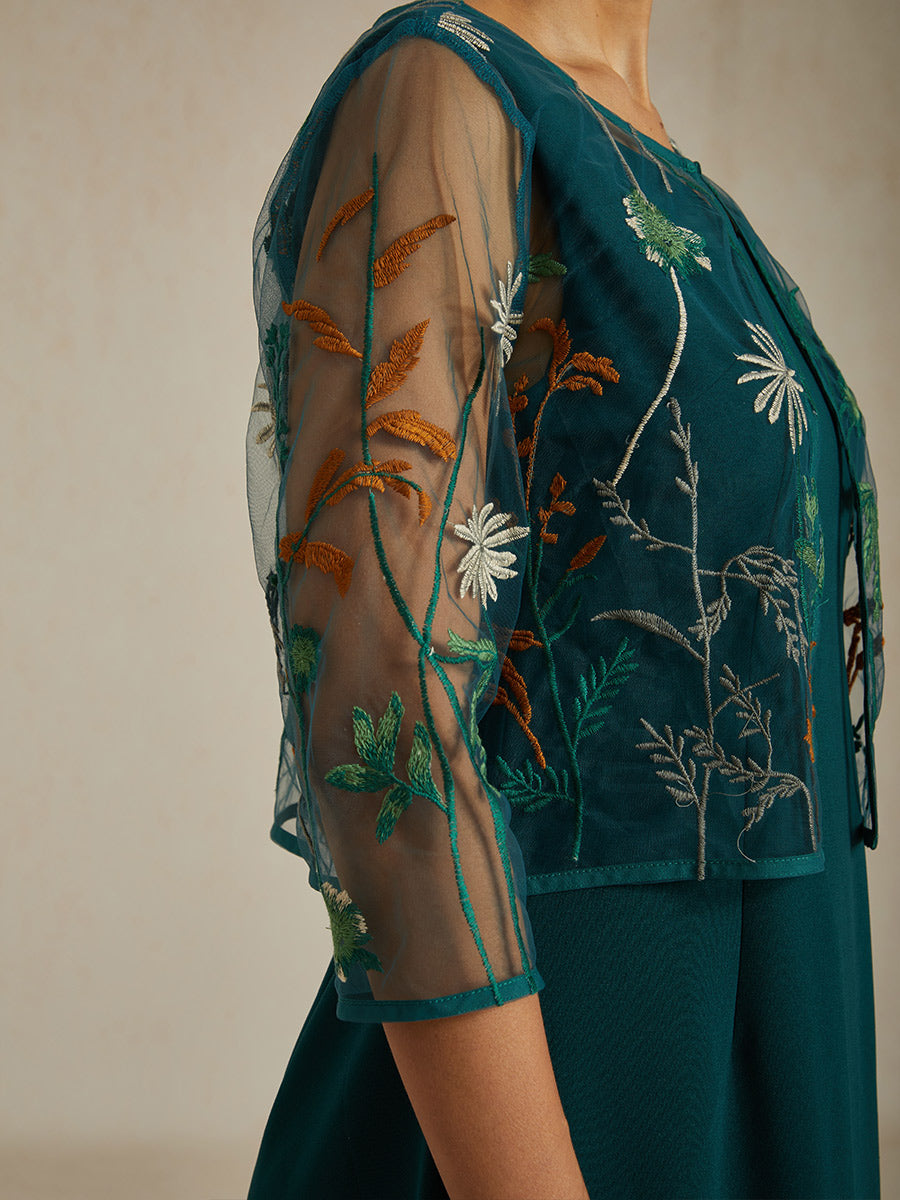 Floral Embroidered Lace Jacket with Rhinestone Button