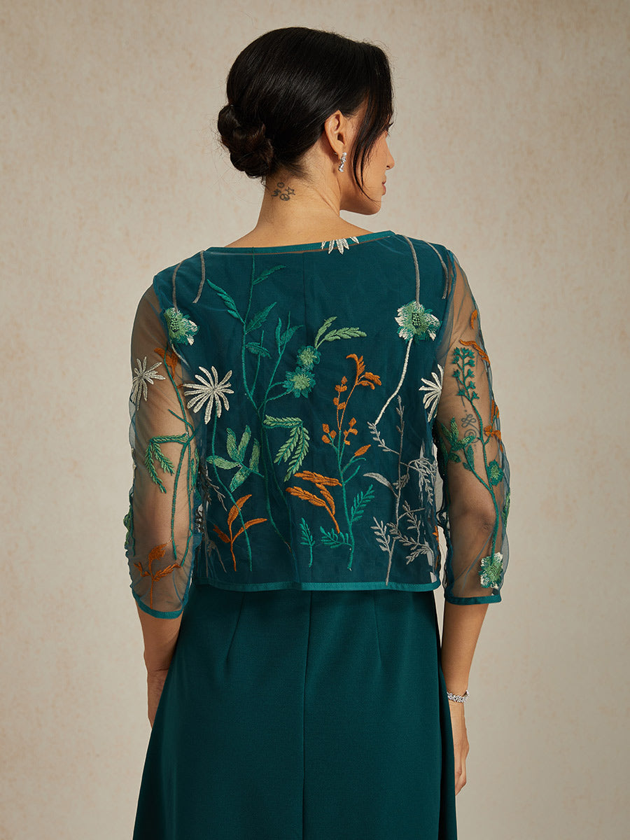 Floral Embroidered Lace Jacket with Rhinestone Button