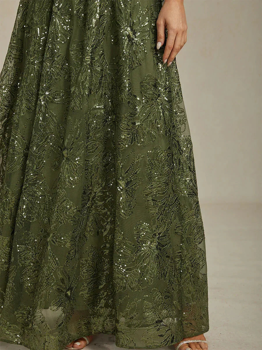 Floral Sequin Embroidered V-Neck Maxi Dress with Low Back