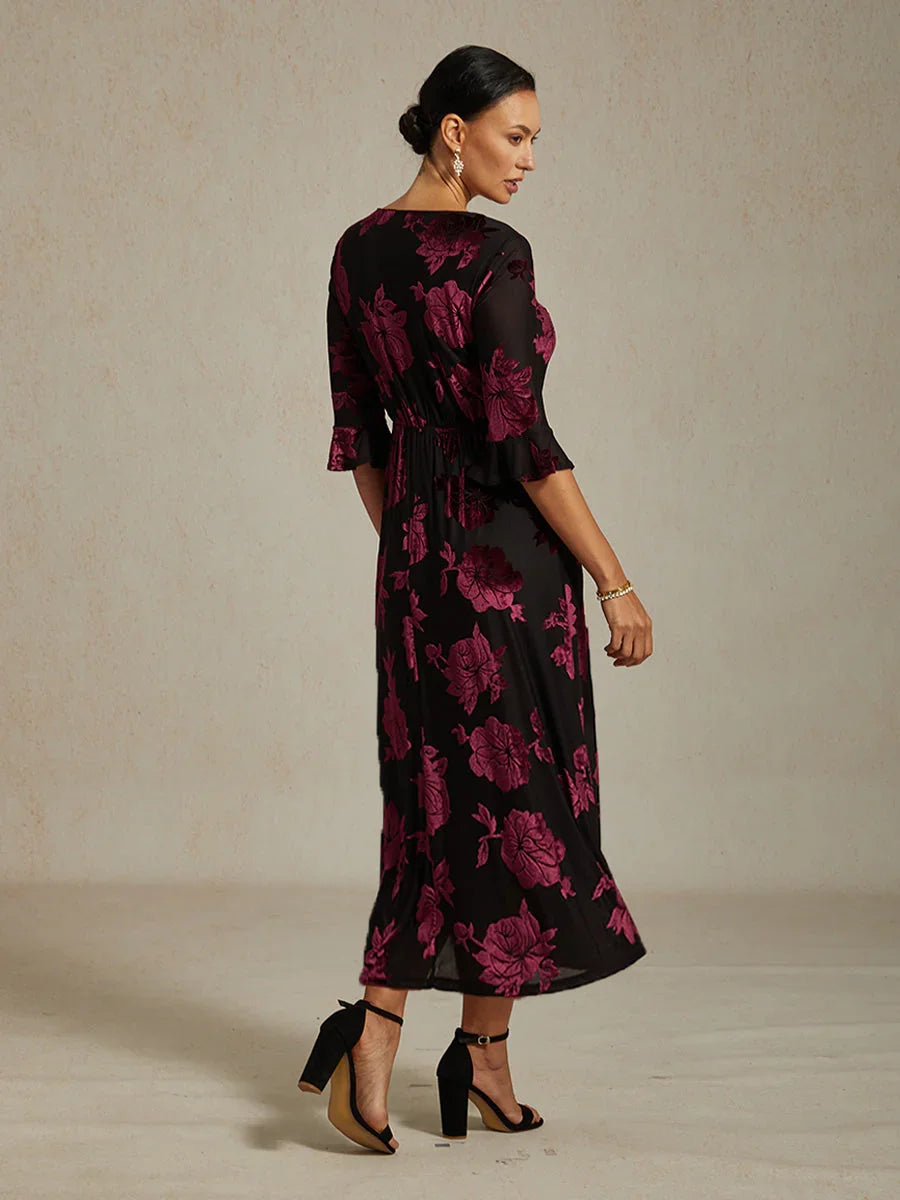 Floral Velvet A-Line Dress with Flutter Sleeves