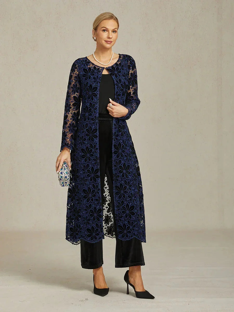 Floral Embroidered Velvet Long Jacket with Scallop Detail