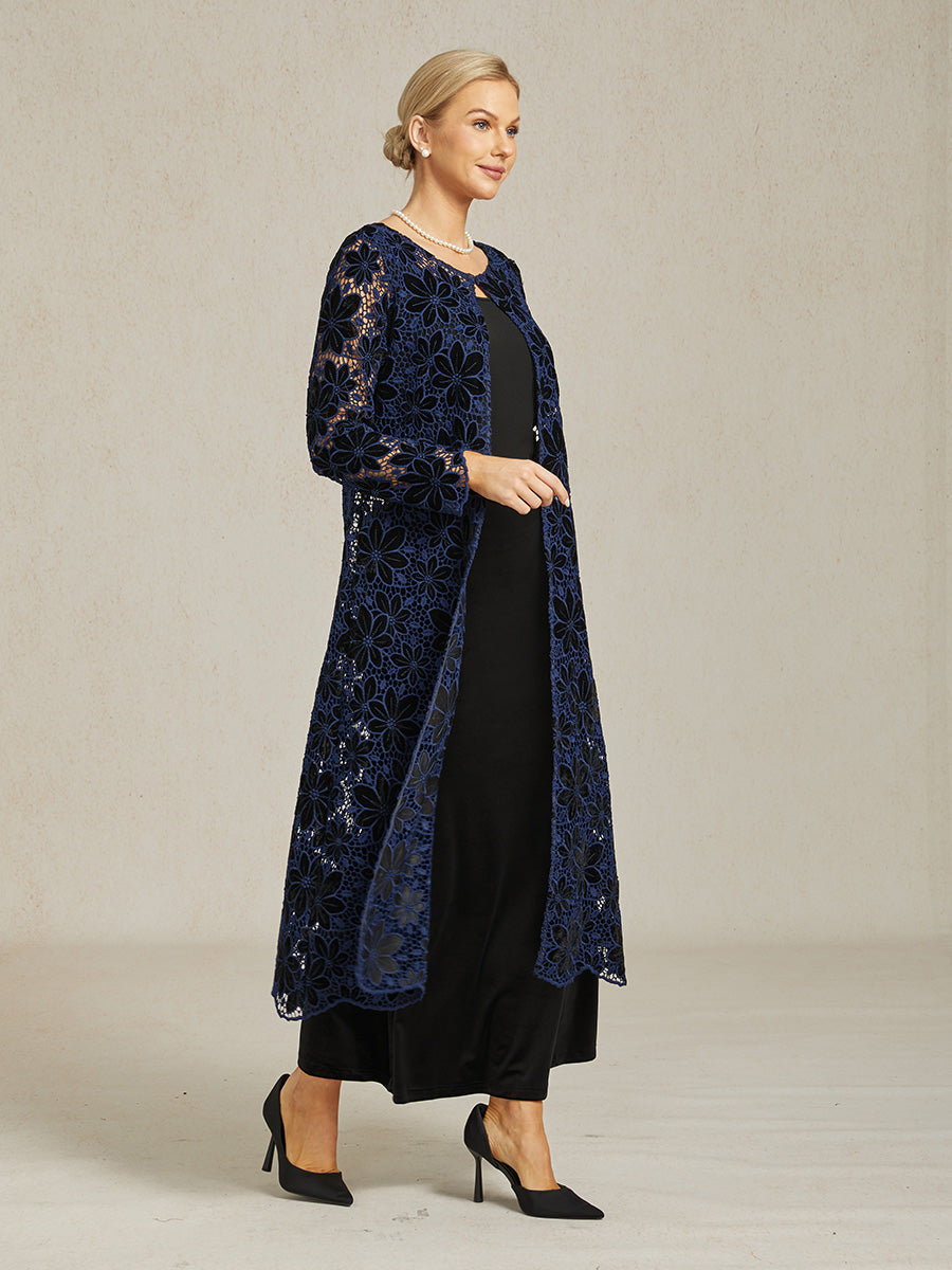 Floral Embroidered Velvet Long Jacket with Scallop Detail