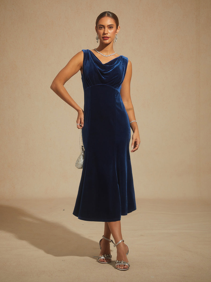 Vestito midi senza maniche in velluto elasticizzato con scollo ampio rotondo