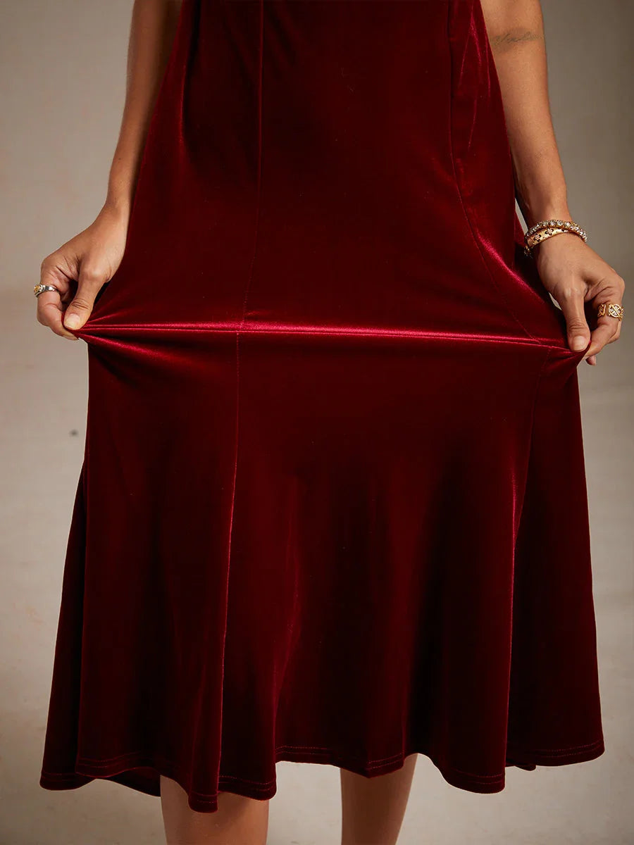 High-Stretch Velvet Sleeveless Midi Dress with Cowl Neck