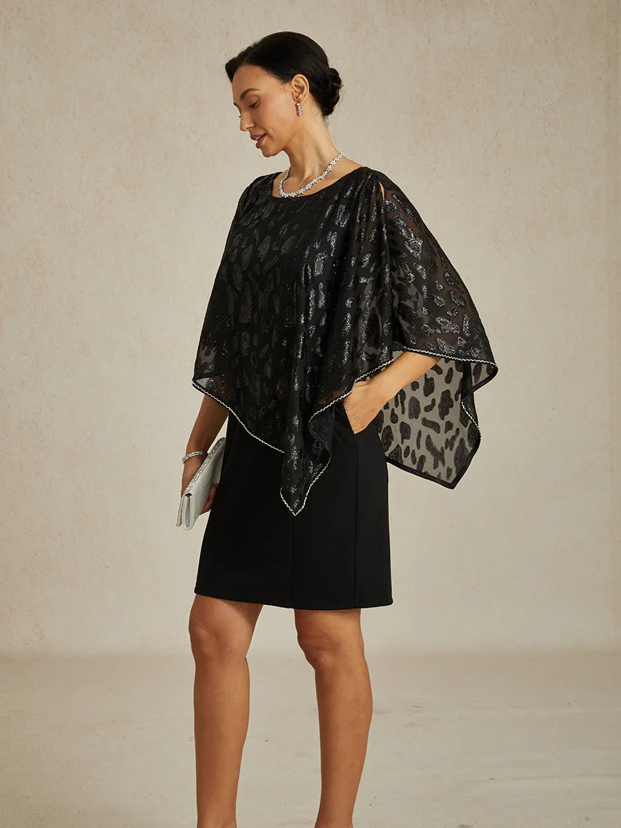 Elegant Sheath Dress with Leopard Jacquard Chiffon Overlay