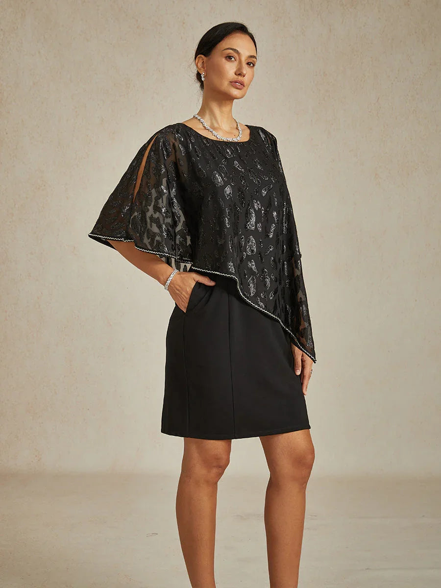 Formal Wedding Guest Dress Leopard Chiffon Overlay Black Sheath Knee Length Wedding Guest Evening Cocktail Party Spring Summer Fall, Black / L
