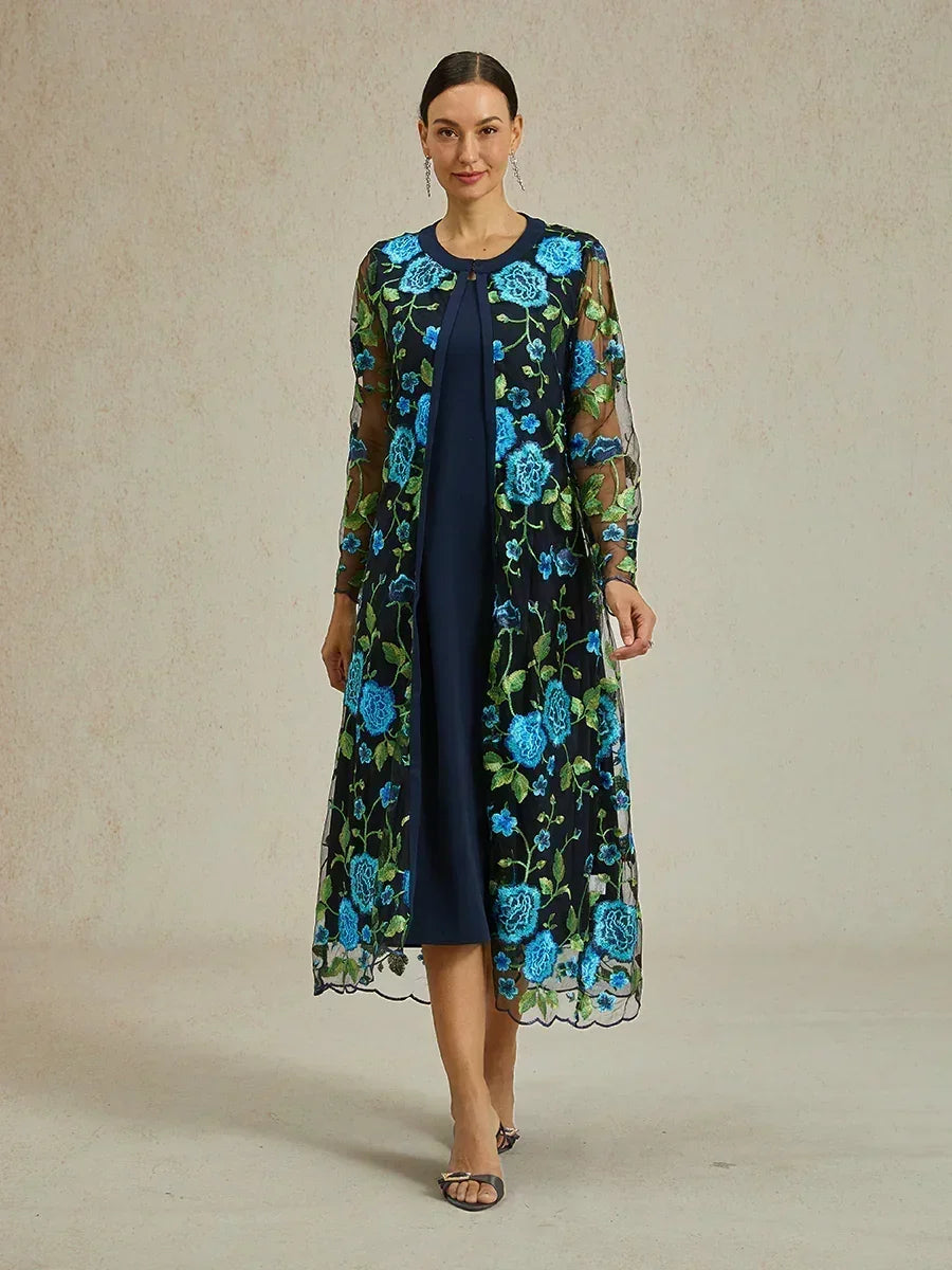 Embroidered Lace Jacket Long Sheer Floral Wedding Guest Tea Length Navy Blue Burgundy Mother Of The Groom Formal 60 Year Old Woman, Navy Blue / S Embroidered Lace Jacket Long Sheer Floral Wedding Guest Tea Length Navy Blue Burgundy Mother Of The Groom Formal 60 Year Old Woman, Navy Blue / S