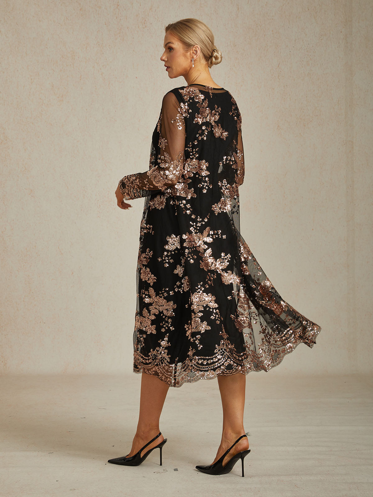 Veste Longue Brodée de Sequins à Motif Floral Baroque