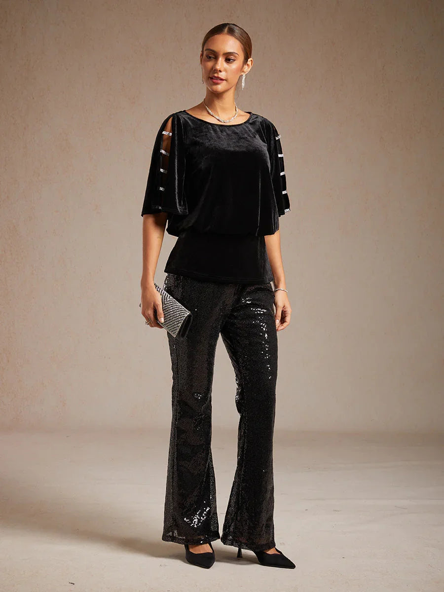Sequin Flare Pants for Women with Elastic Waist