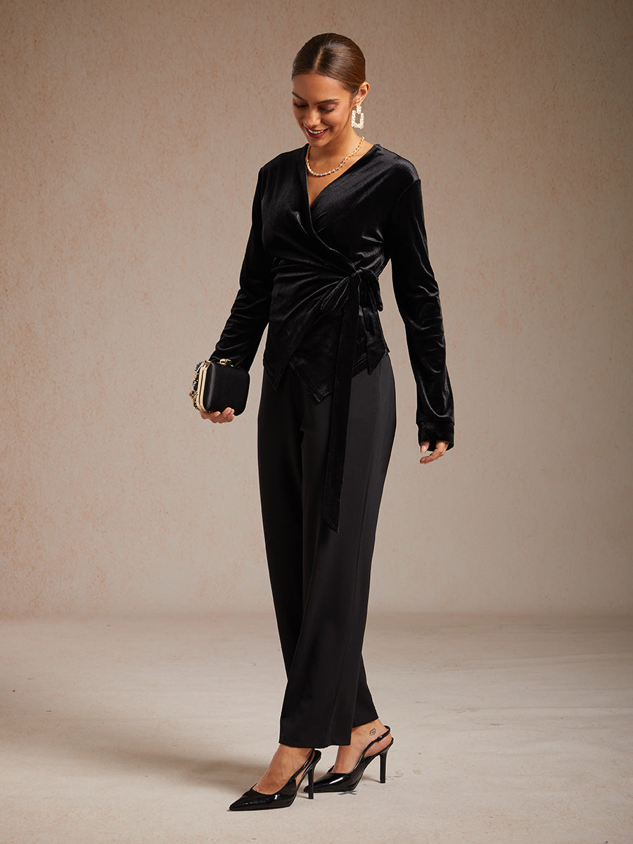 Velvet Wrap Blouse with V-Neckline