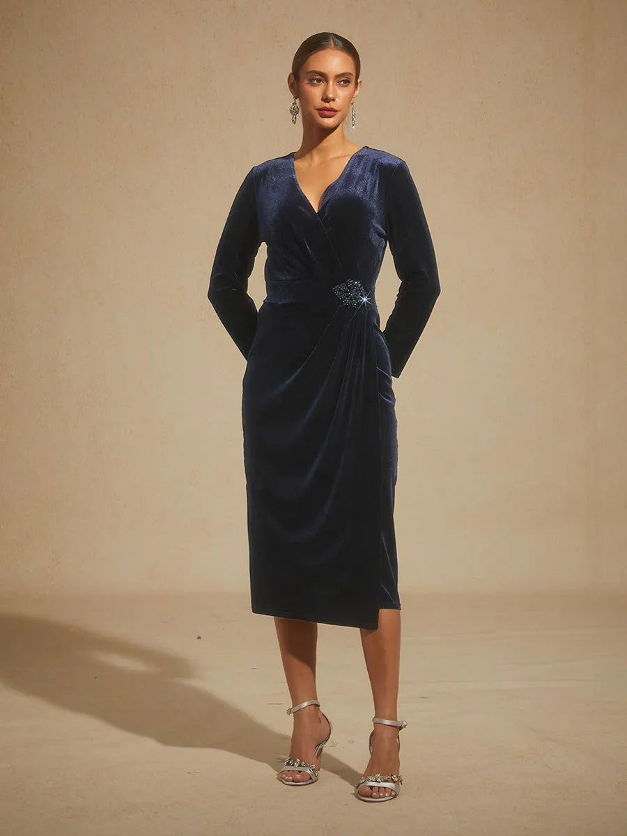 Robe Midi Fourreau en Velours avec Détail Ornemental