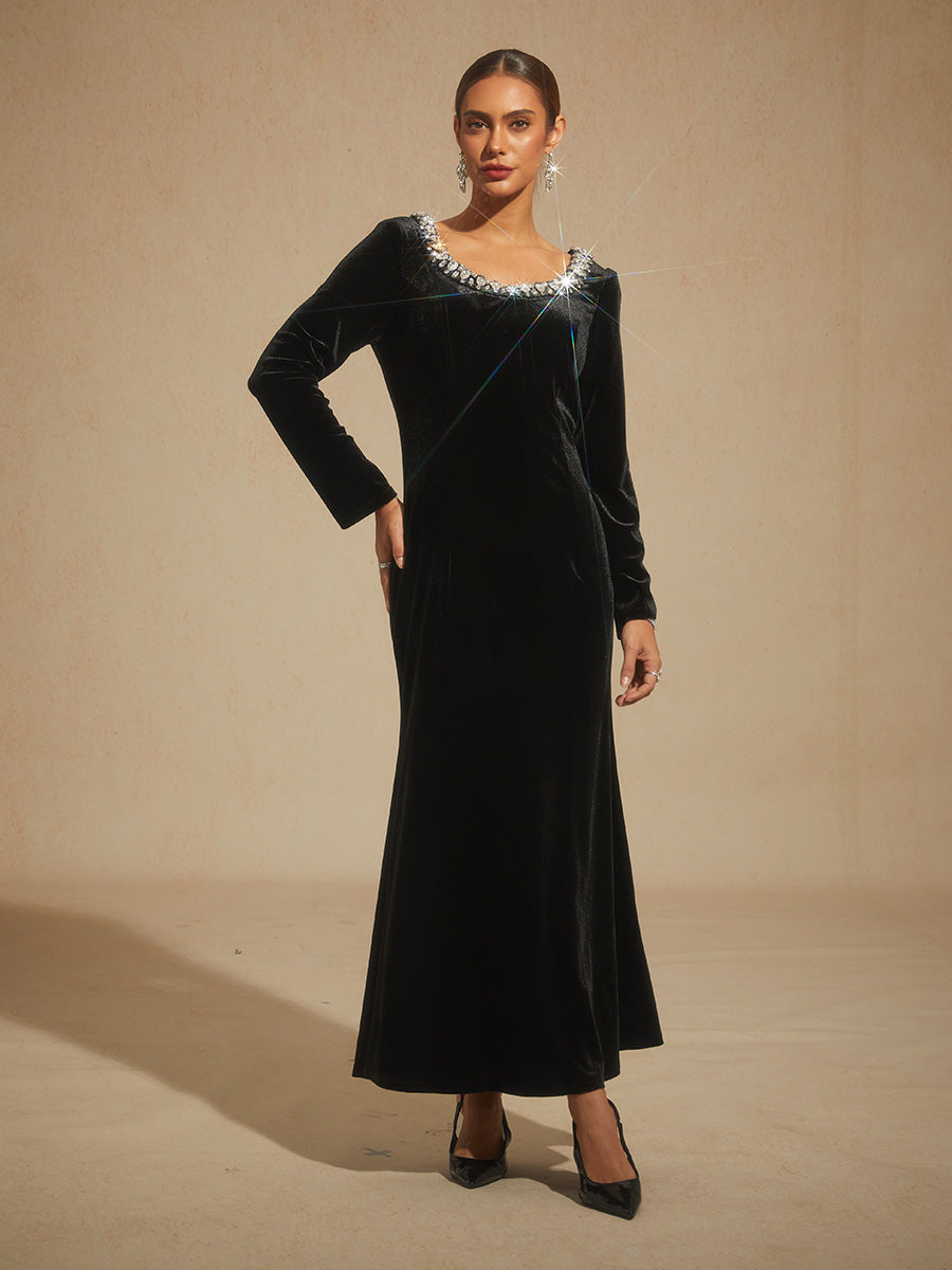 Stretch Velvet Evening Gown with Rhinestone Embellished