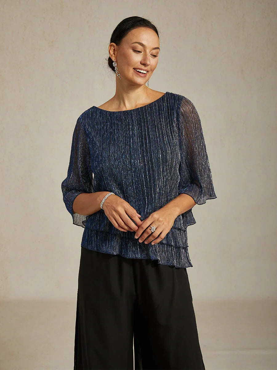 Metallic Pleated Chiffon Asymmetrical Layered Blouse