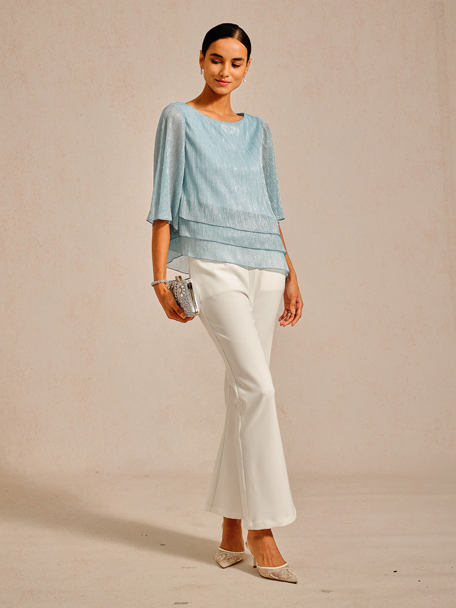 Metallic Pleated Chiffon Asymmetrical Layered Blouse