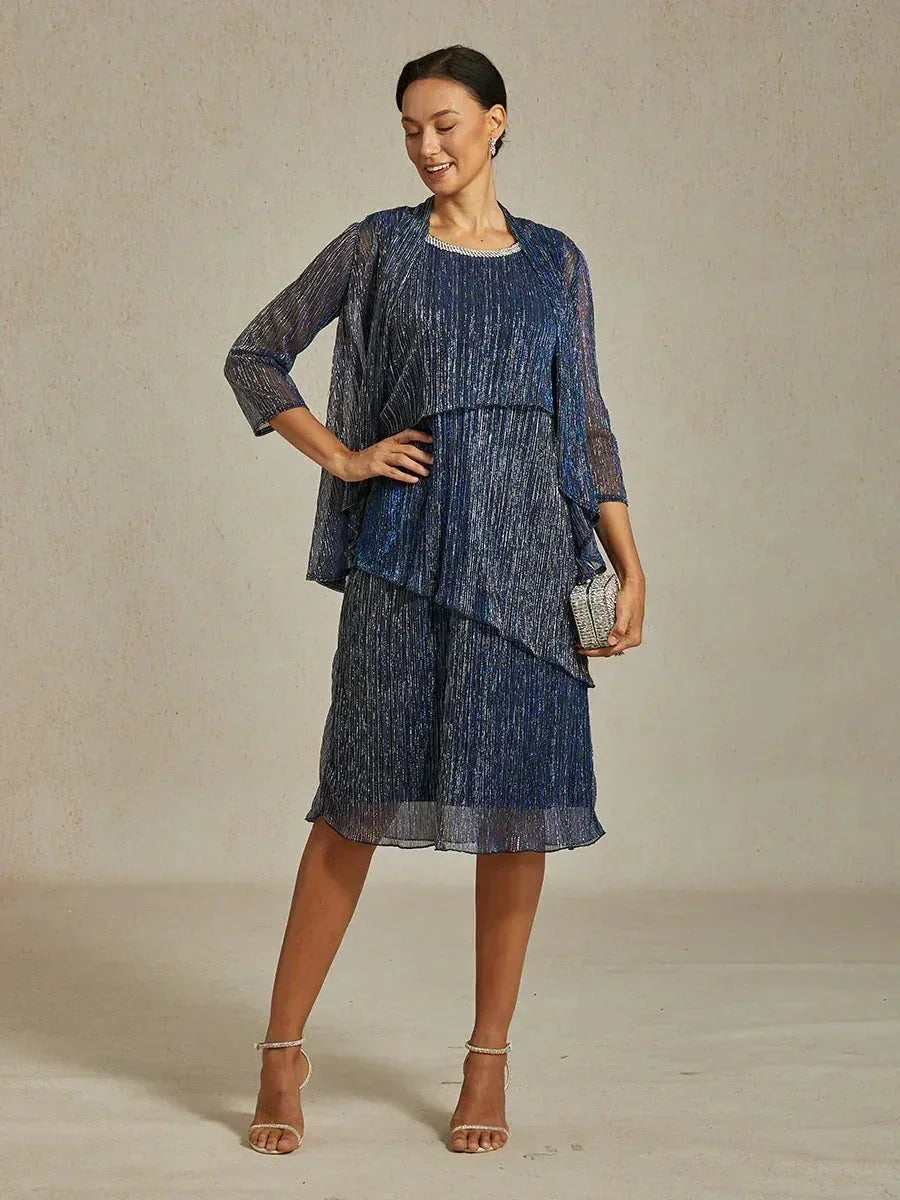 Metallic Pleated Chiffon Midi Dress with Beaded Round Neck – msglamor