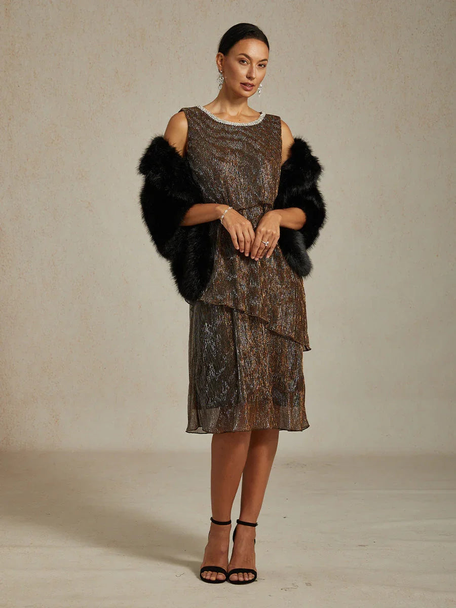 Metallic Pleated Chiffon Midi Dress with Beaded Round Neck