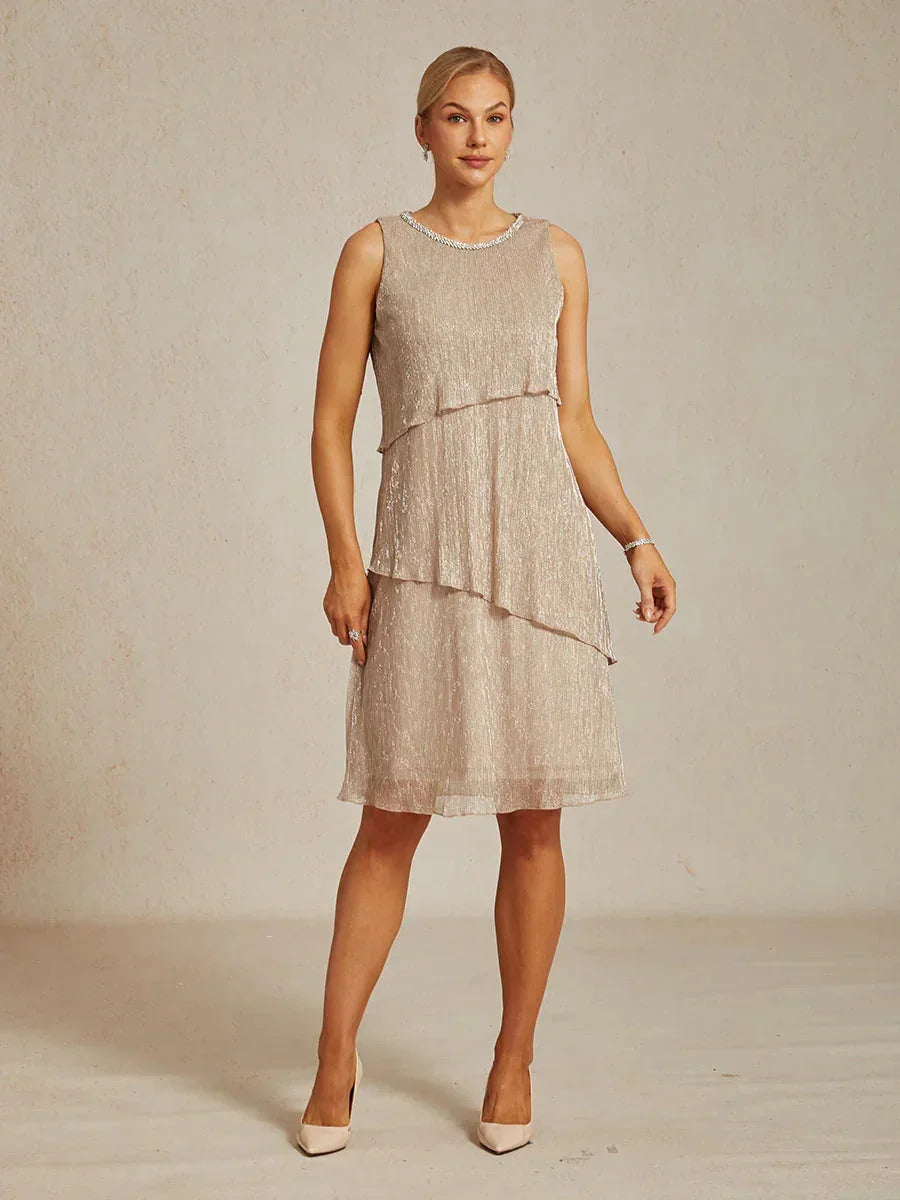 Metallic Pleated Chiffon Midi Dress with Beaded Round Neck