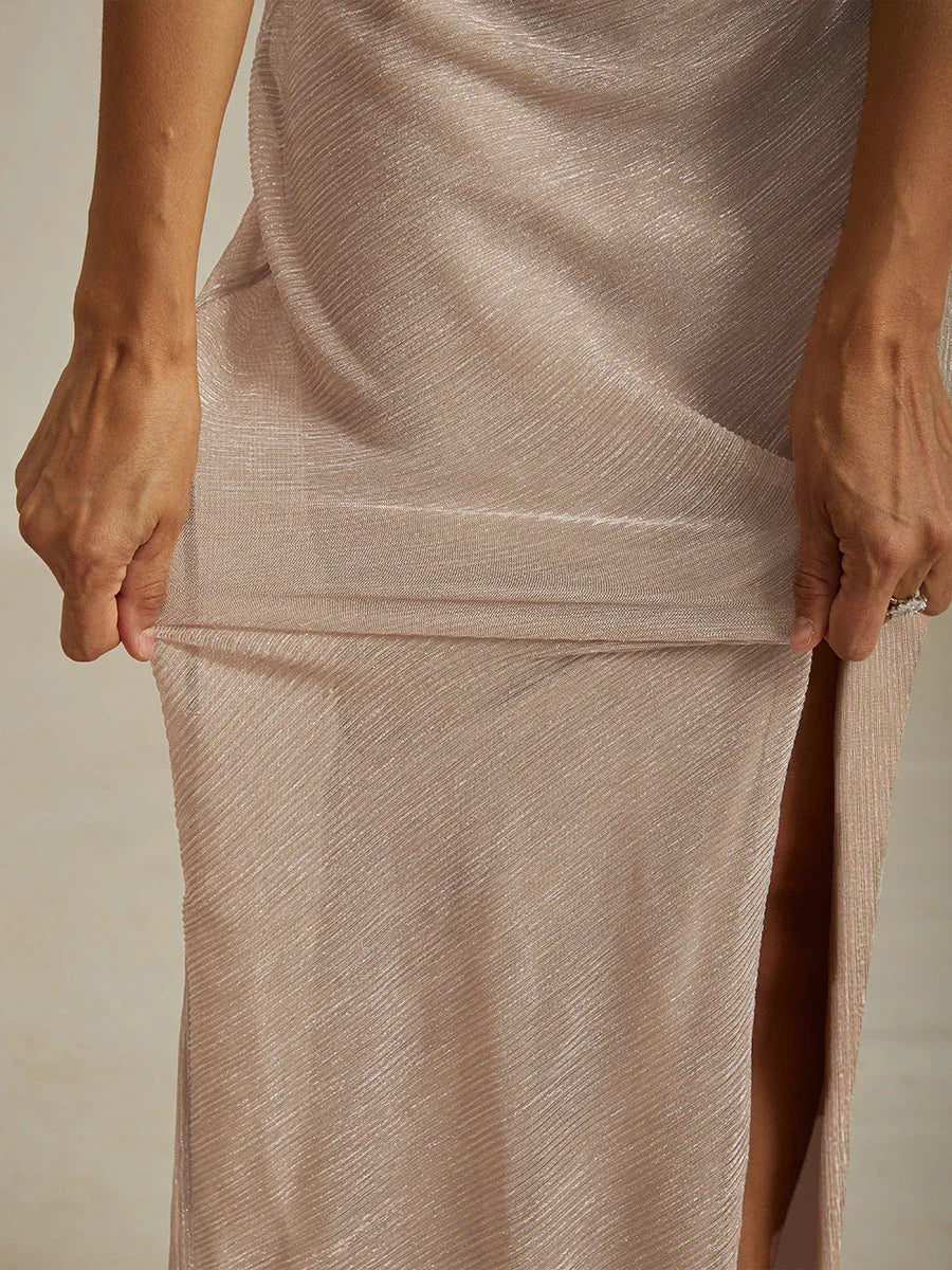 Metallic Pleated Chiffon V-Neck Maxi Dress