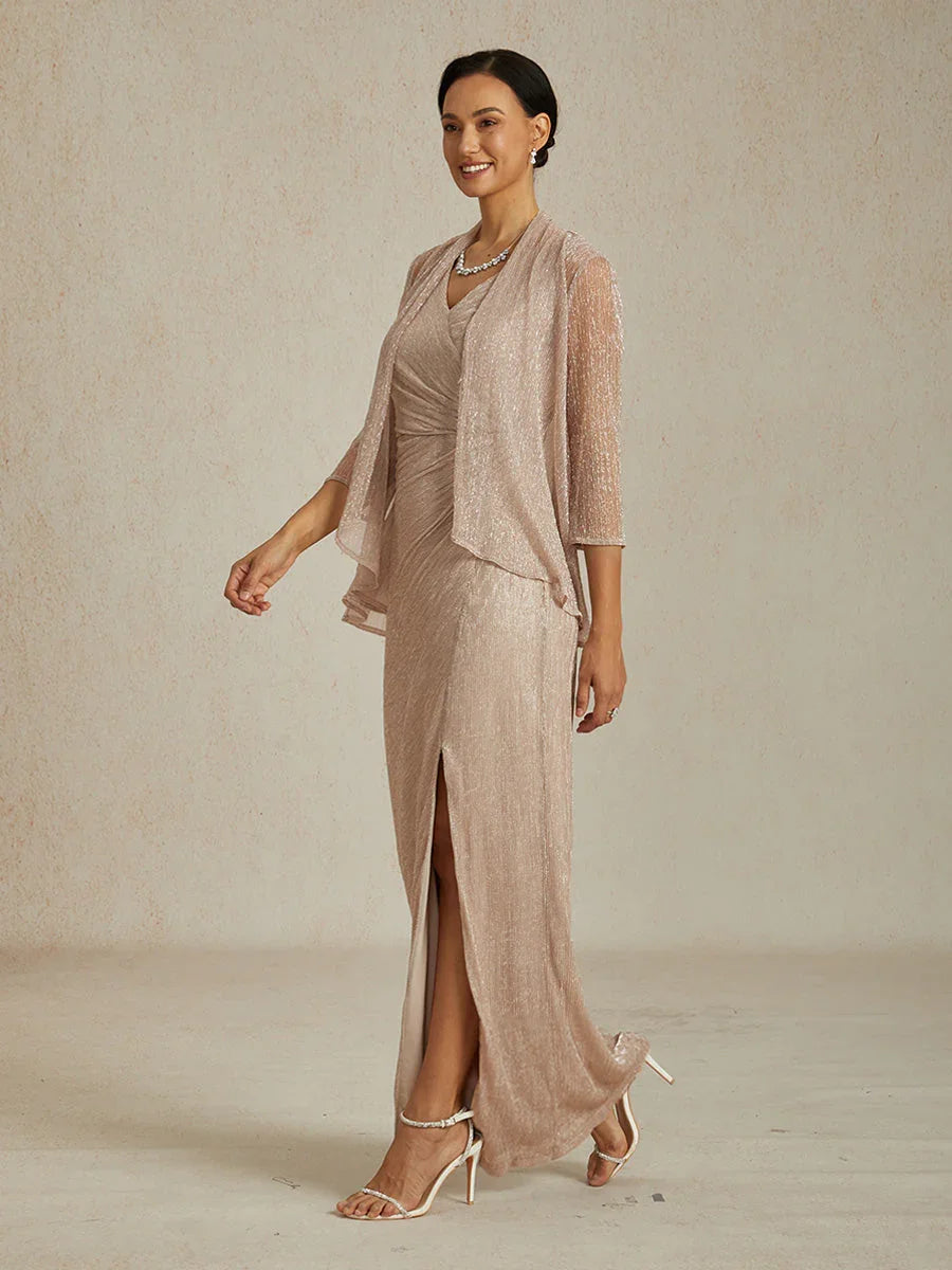 Metallic Pleated Chiffon V-Neck Maxi Dress