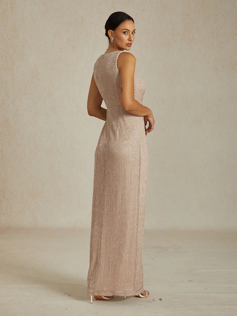 Metallic Pleated Chiffon V-Neck Maxi Dress