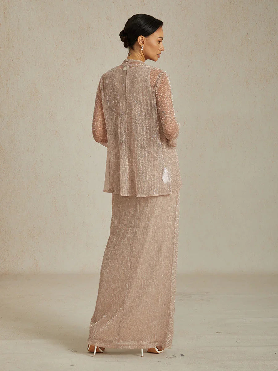 Metallic Pleated Chiffon V-Neck Maxi Dress