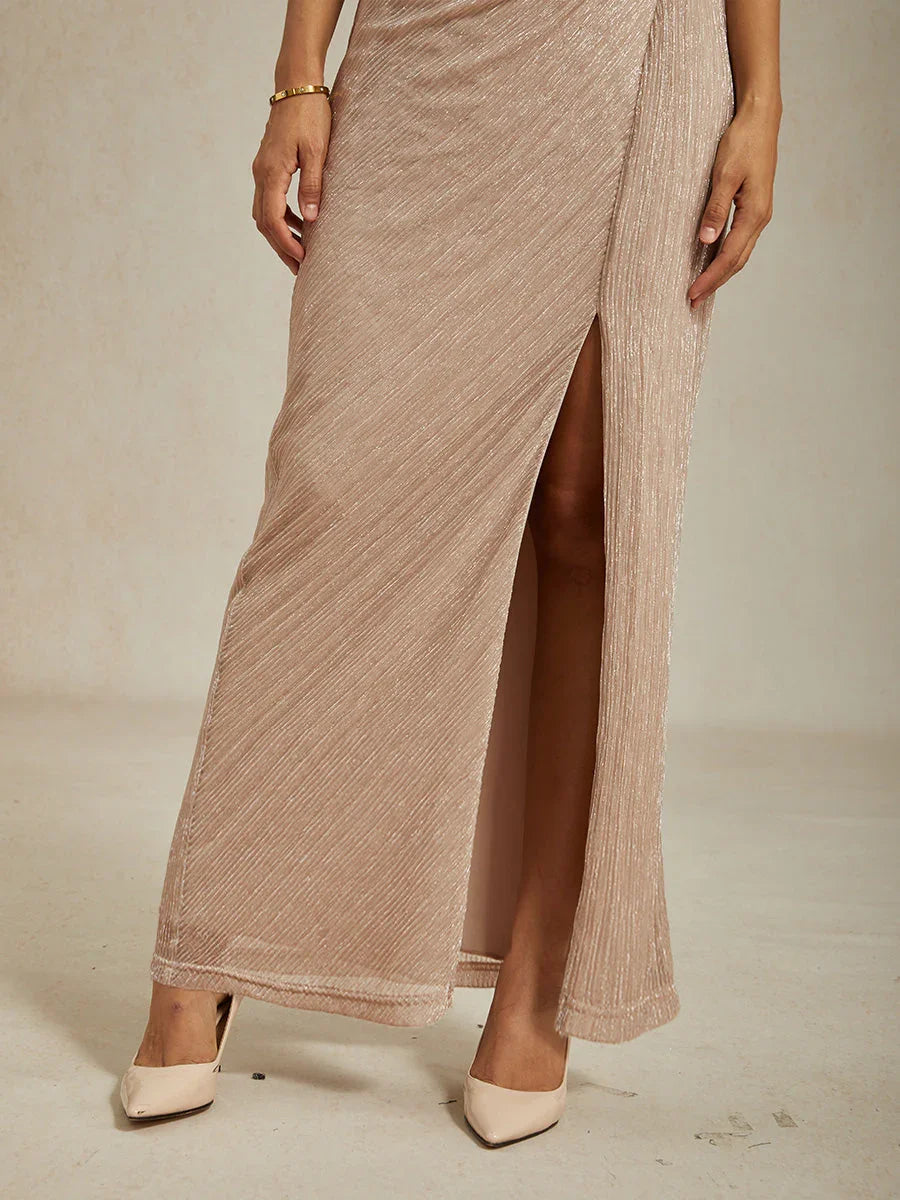 Metallic Pleated Chiffon V-Neck Maxi Dress