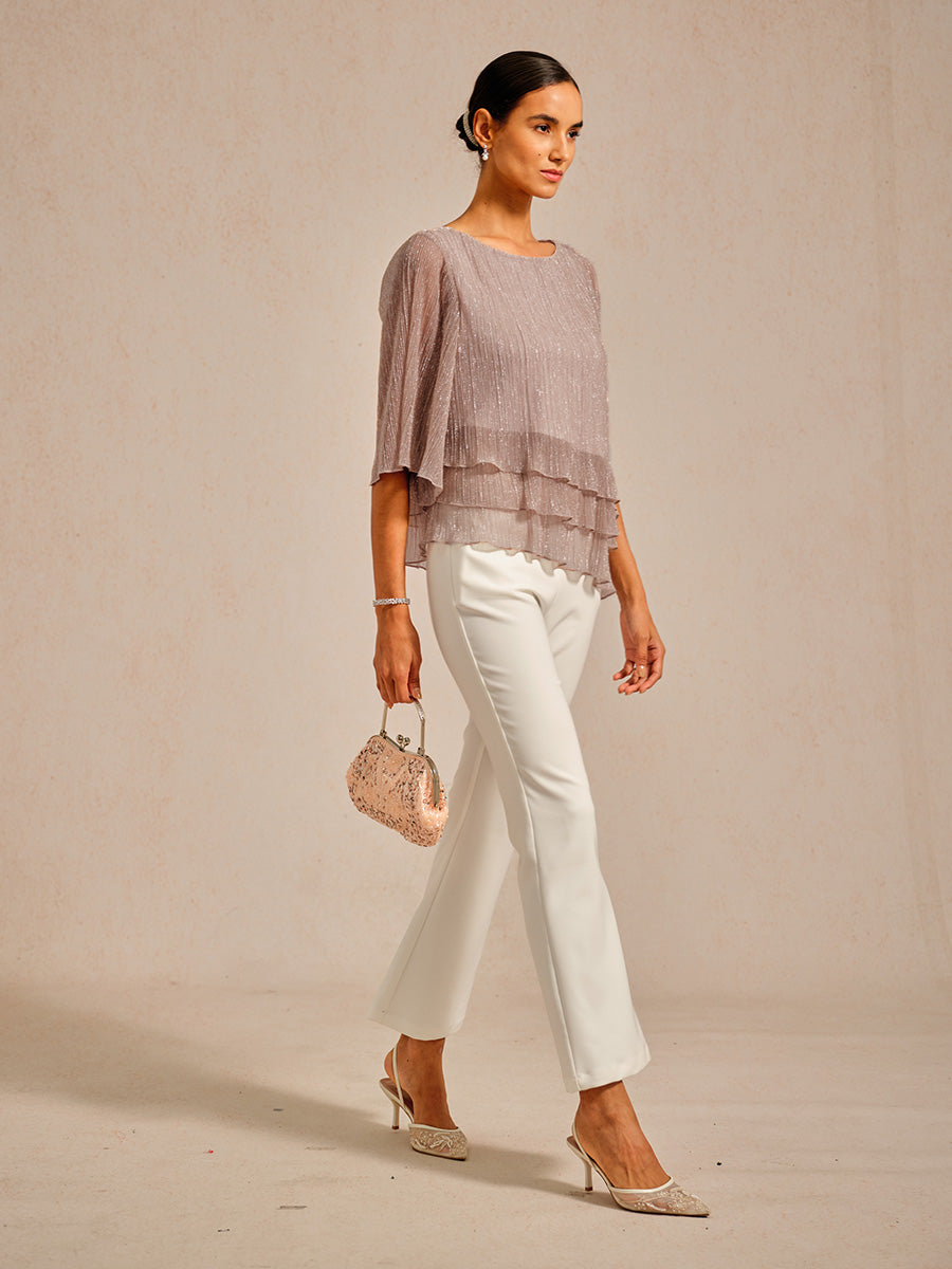 Metallic Pleated Chiffon Asymmetrical Layered Blouse