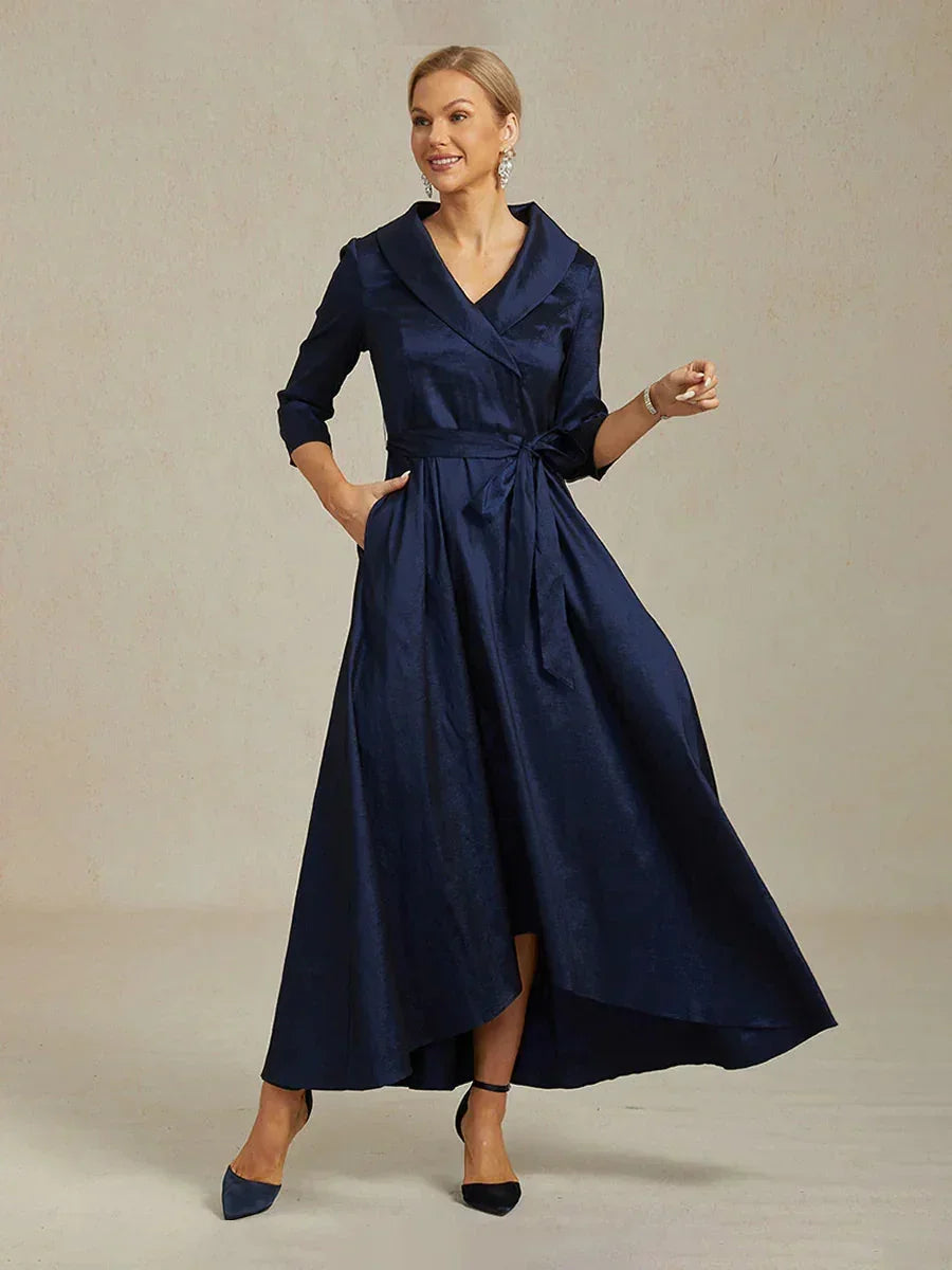High Low Long Dress with Tie Belt Formal Taffeta Navy Blue 3 4 Sleeve Ankle Length Wedding Guest Fall Winter Elegant Glamorous, Navy Blue / S